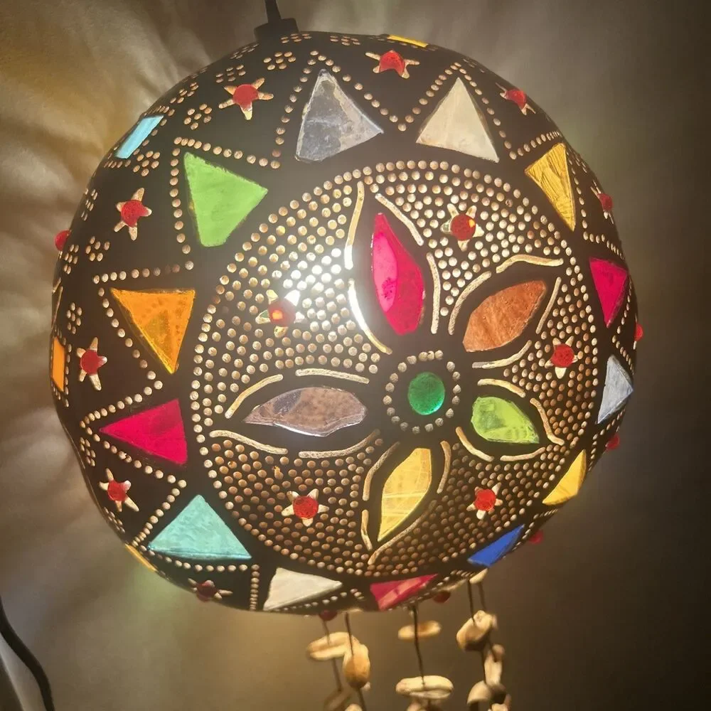 Vintage 14” Boho Gourd Swag Lamp With Celestial Theme Colorful Artsy Ecclectic